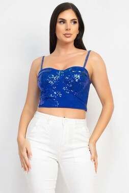 Cobalt Blue Velvet Sequin Sweetheart Padded Bustier Crop Top